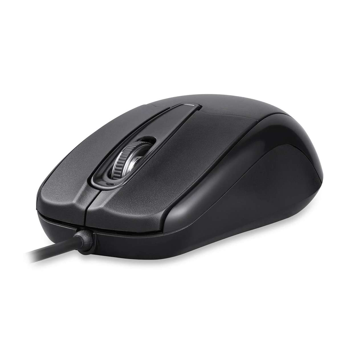 Un mouse per computer nero con rotellina di scorrimento e cavo su sfondo bianco.