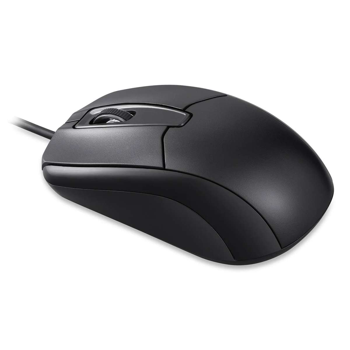 Un mouse per computer nero con cavo e rotellina di scorrimento su sfondo bianco.