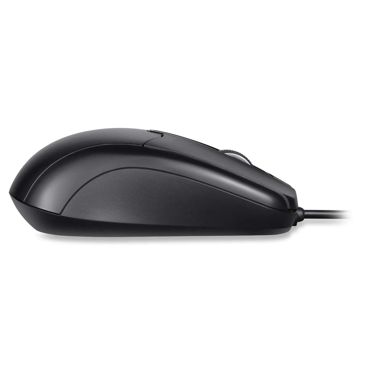 Vista laterale di un mouse per computer nero con cavo su sfondo bianco.