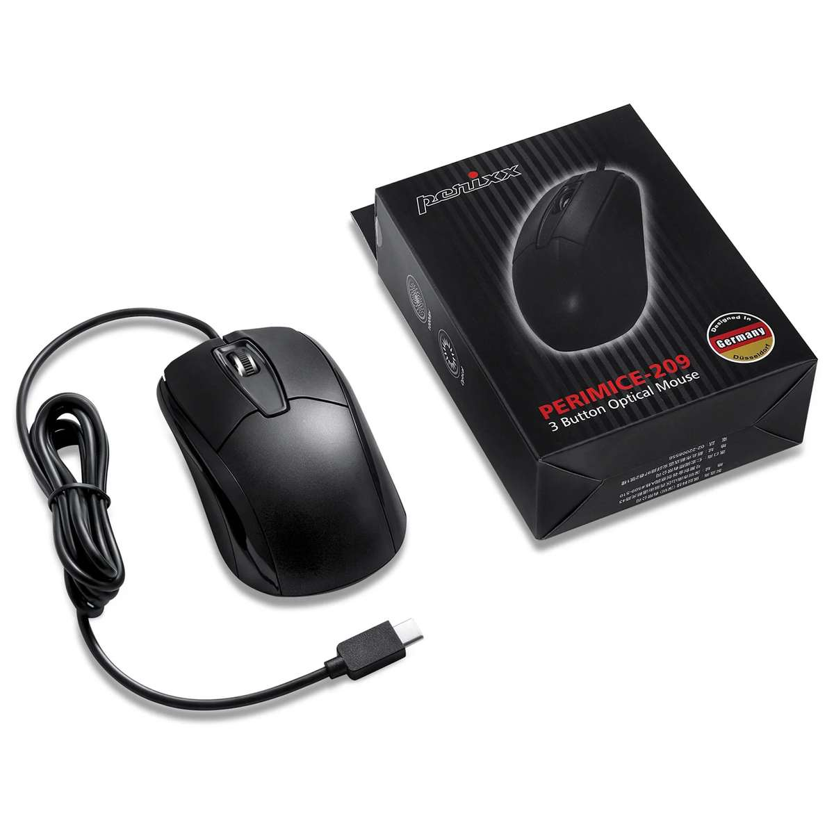 Un mouse ottico cablato nero con cavo USB-C e scatola di vendita su sfondo bianco.