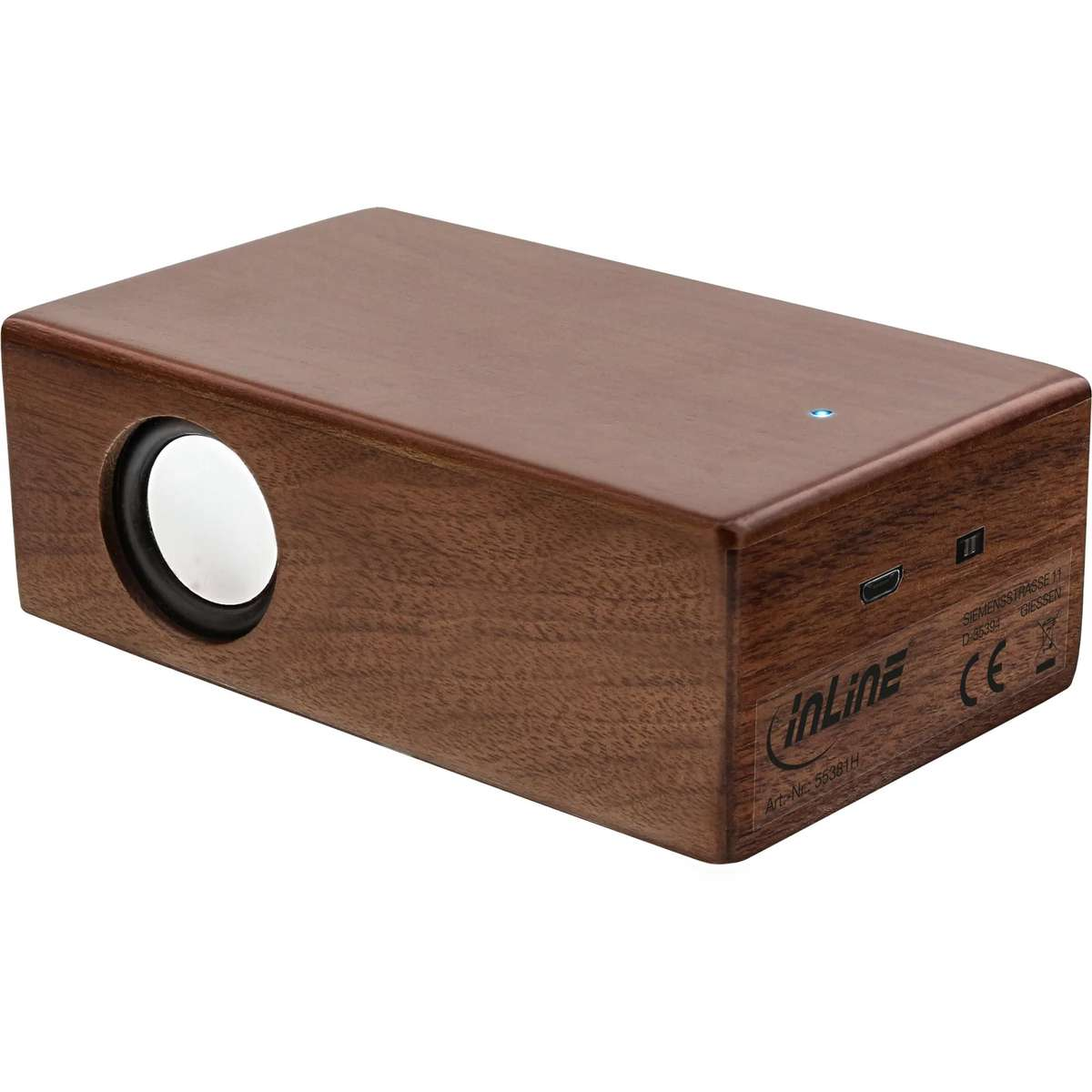A rectangular wooden speaker with a side driver and a front control panel against a white background.