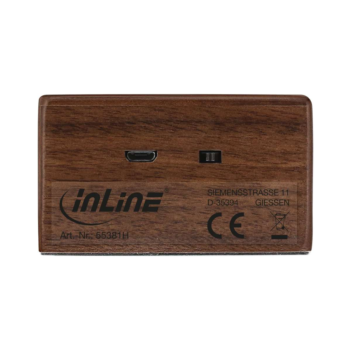 Wood-grain electronic device with a micro-USB port, InLine logo, and CE mark, presented on a white background.
