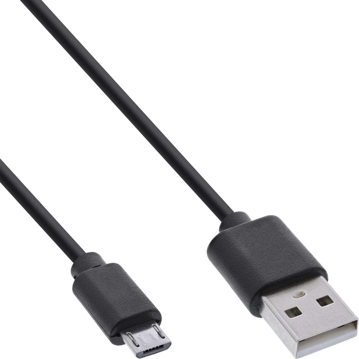 A black USB-A to micro-USB cable on a white background.