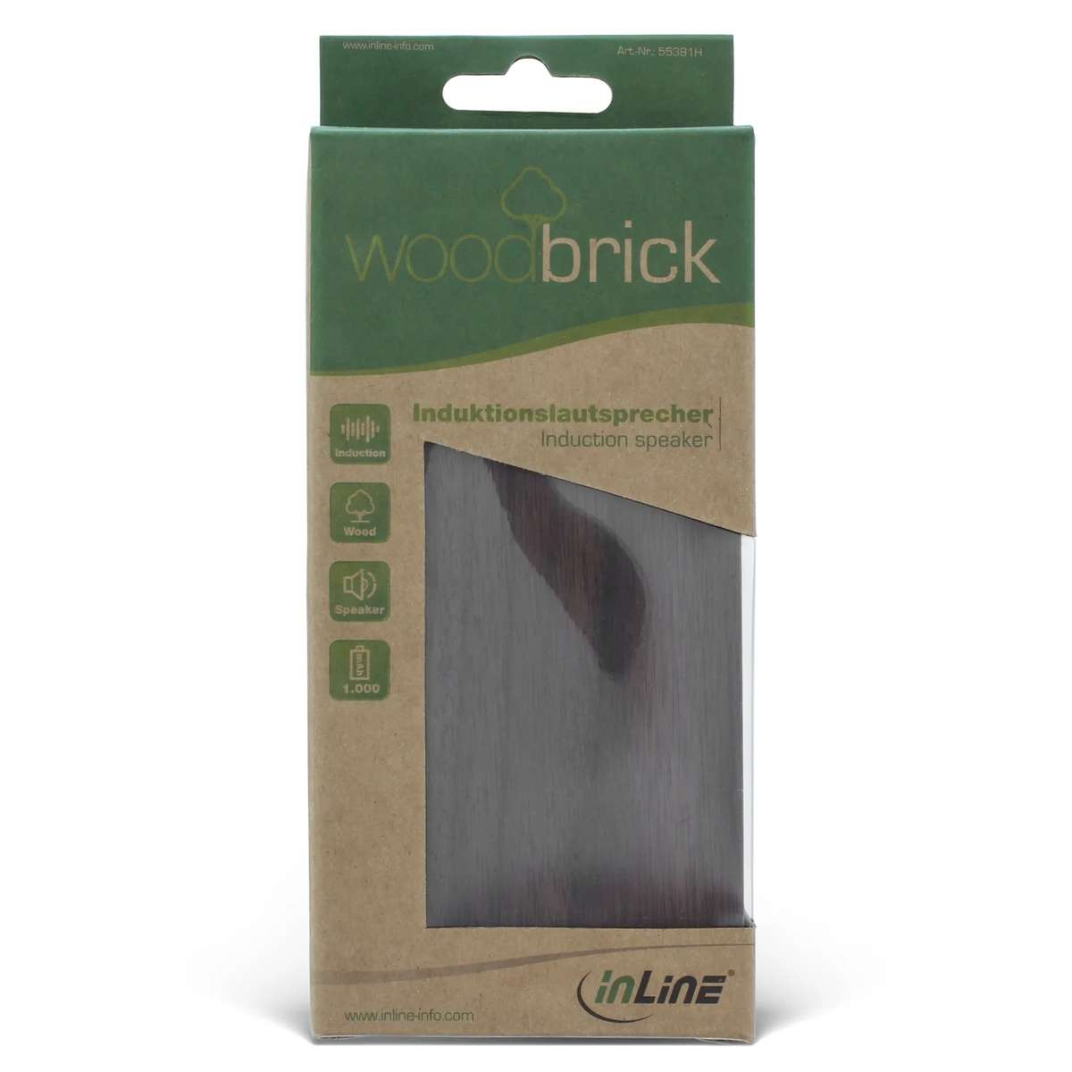 Green packaging for Woodbrick induction speaker with a transparent window and icons on a white background.