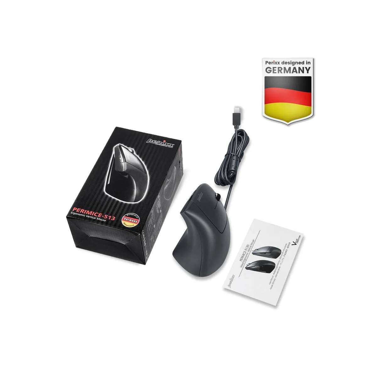 Un mouse verticale ergonomico nero con confezione, cavo, manuale e stemma 'Perixx designed in Germany'.