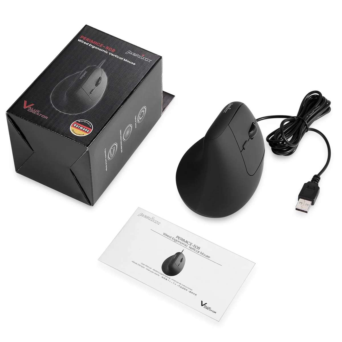 A black wired ergonomic vertical mouse with its packaging box and manual on a white background.