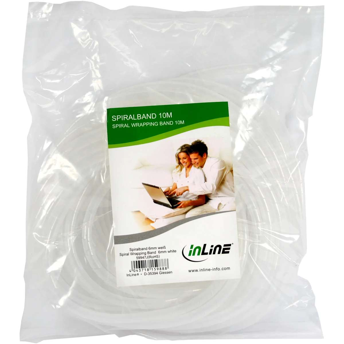 Transparenter Plastikbeutel mit einer weißen Spiralband-Rolle und einem Inline-Produktetikett.