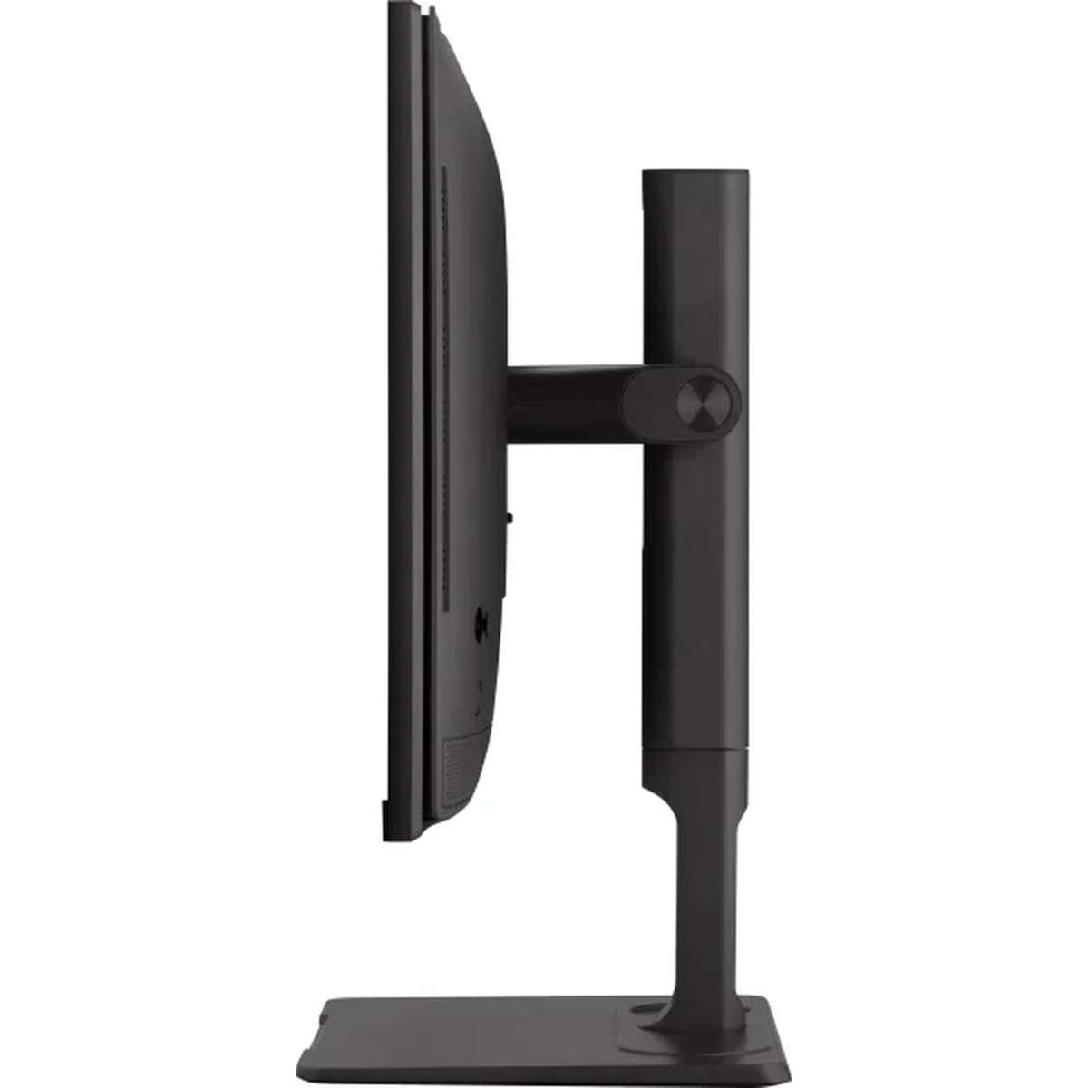 Seitenansicht eines schwarzen Monitors auf einem verstellbaren Standfuß.