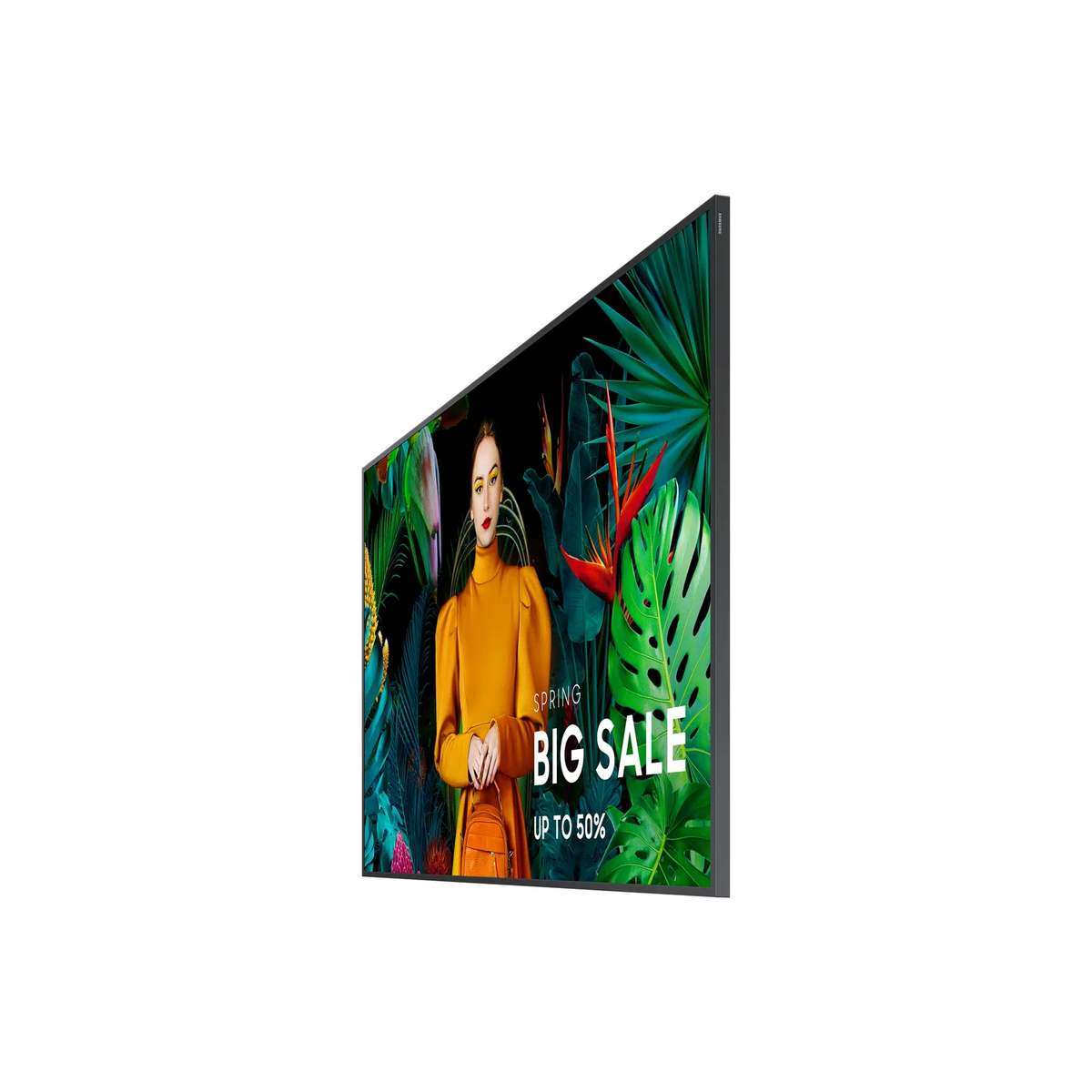 A black flat screen monitor displays a vibrant spring sale advertisement with a woman and tropical leaves.