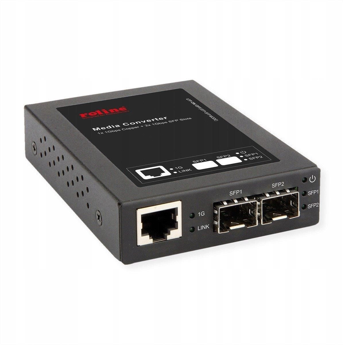 Ein schwarzer Roline Medienkonverter mit einem Ethernet-Anschluss und zwei SFP-Steckplätzen.