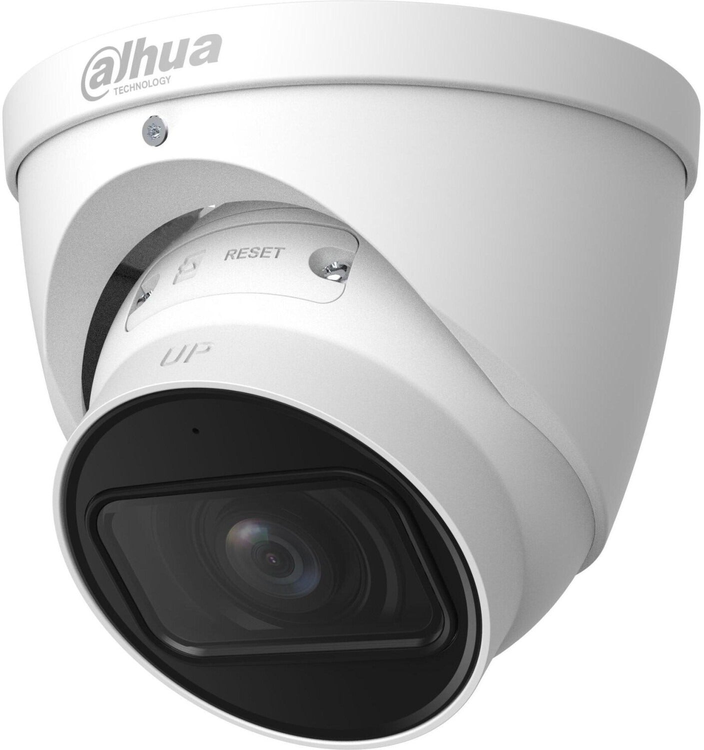 Caméra de surveillance dôme blanche Dahua avec objectif carré et bouton de réinitialisation sur fond blanc.