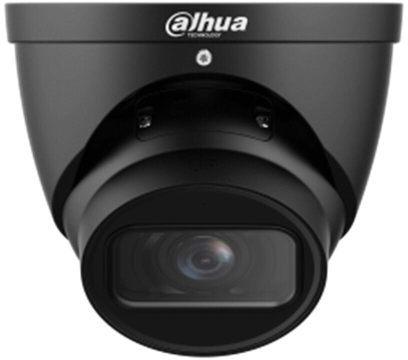 Une caméra de surveillance dôme noire Dahua avec un objectif central.