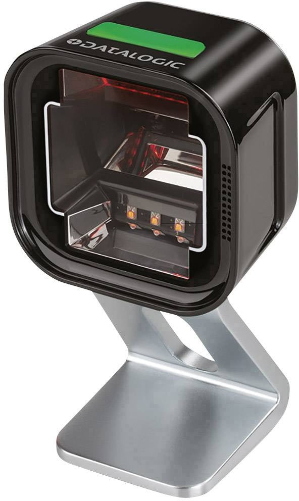 Ein schwarzer Datalogic Barcode-Scanner auf einem silbernen Standfuß mit LED-Lichtern.