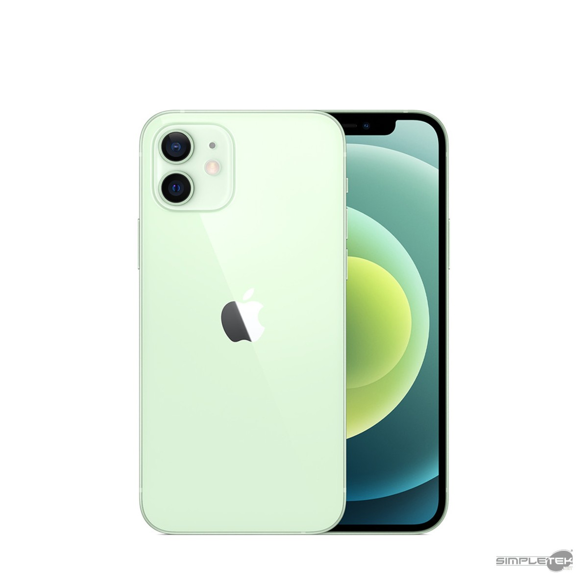 Uno smartphone verde chiaro mostra il retro con due fotocamere e il logo Apple e la parte anteriore.