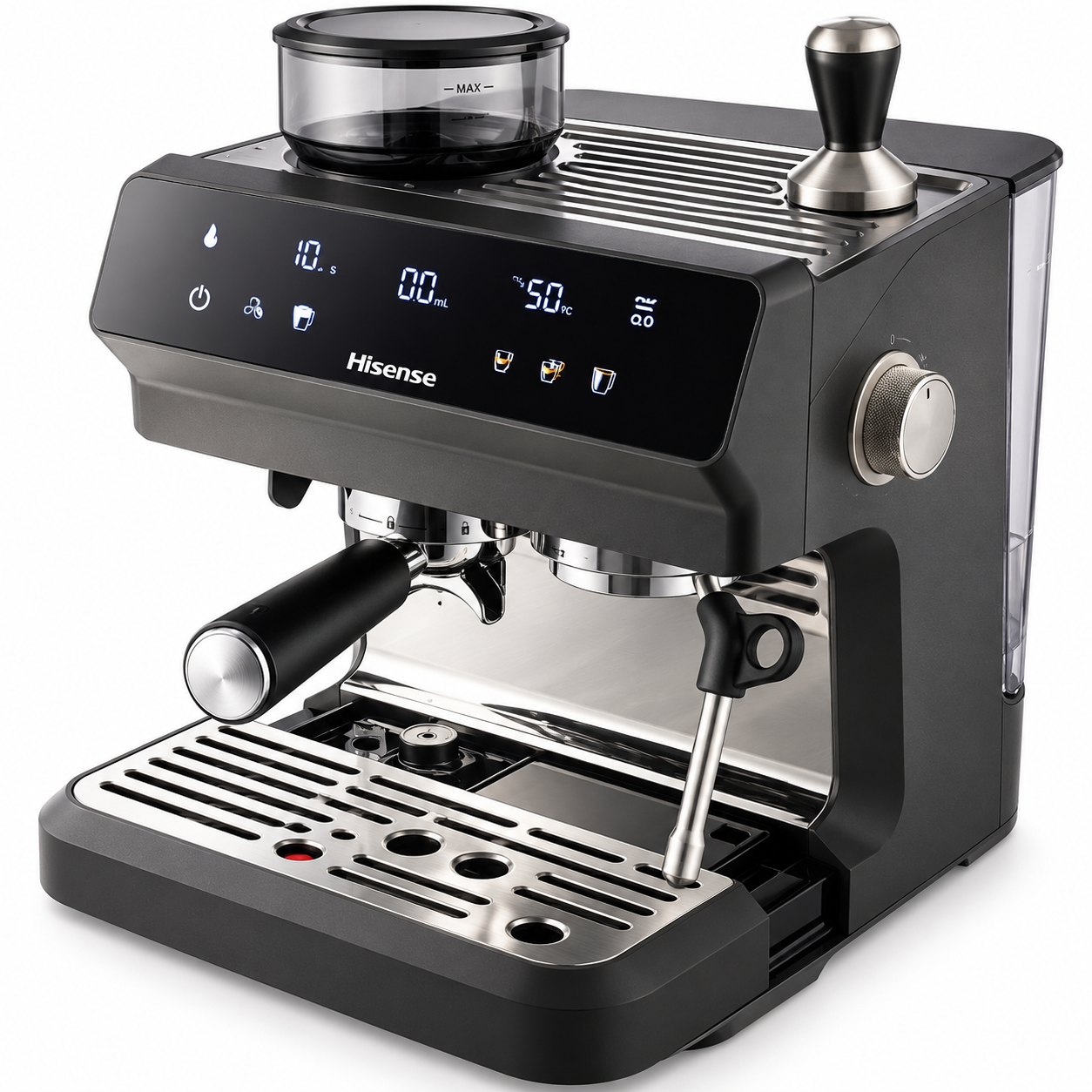 Macchina da caffè espresso Hisense nera con display digitale, macinacaffè integrato, lancia vapore e portafiltro su sfondo bianco.
