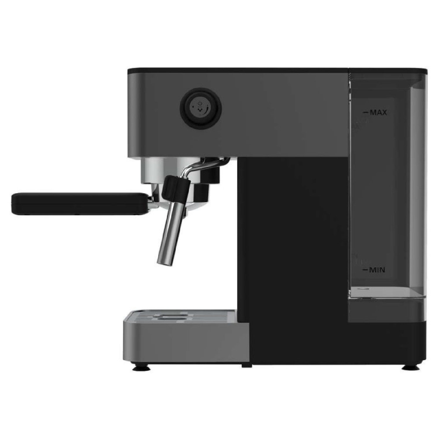 Moderna máquina de café espresso negra y gris con vaporizador y depósito.
