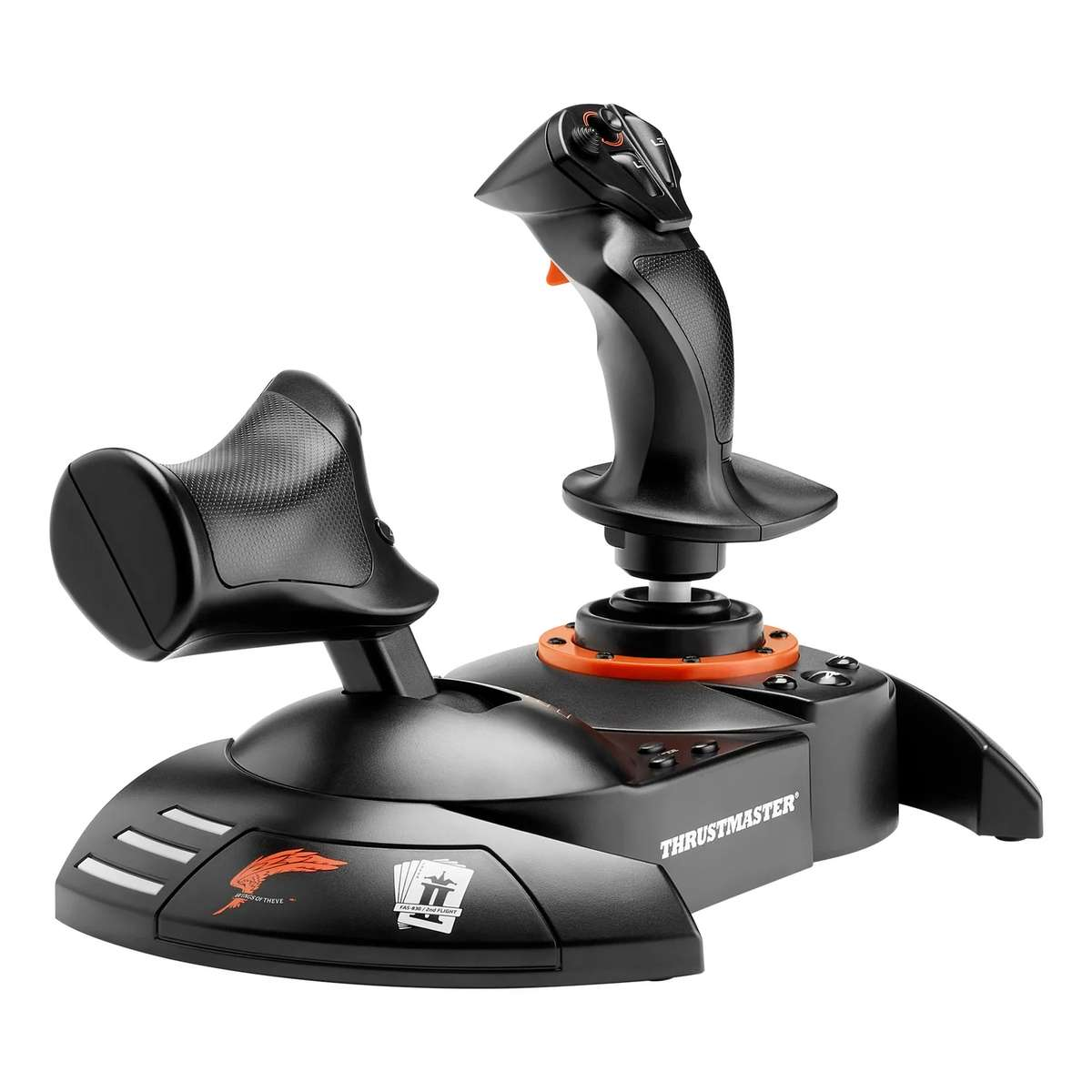 Zwarte Thrustmaster-joystick met afneembare gashendel op een zwarte basis tegen witte achtergrond.