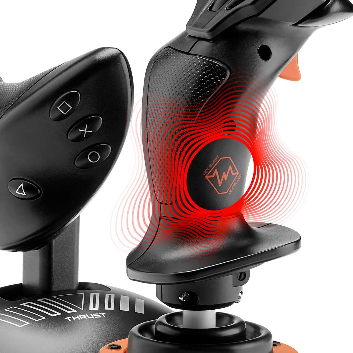 Close-up van een zwarte flightstick met rode trillingslijnen en knoppen.
