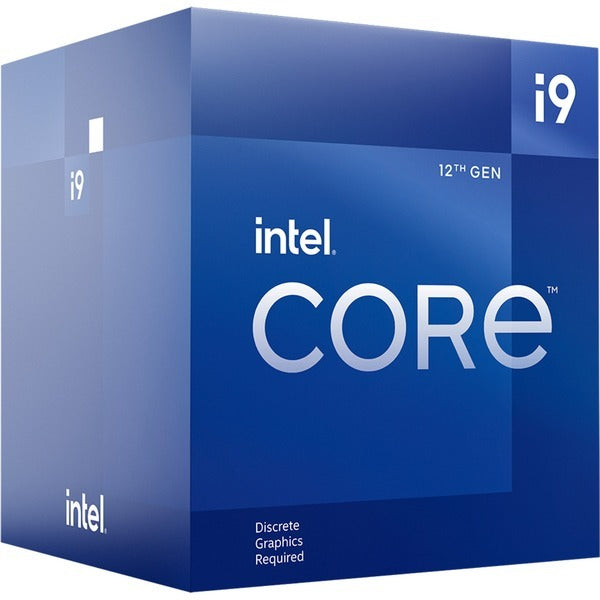 Niebieskie pudło procesora Intel Core i9 12. gen. z białym tekstem i adnotacją o grafice dedykowanej.