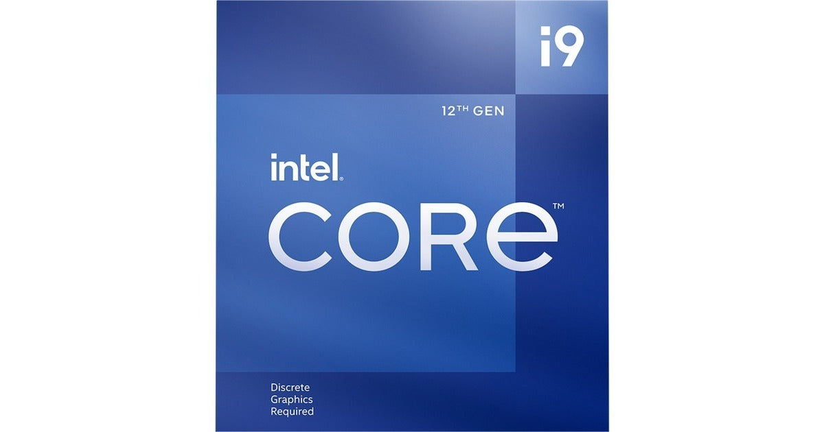 Niebieskie opakowanie Intel Core i9 12th Gen z białym napisem.