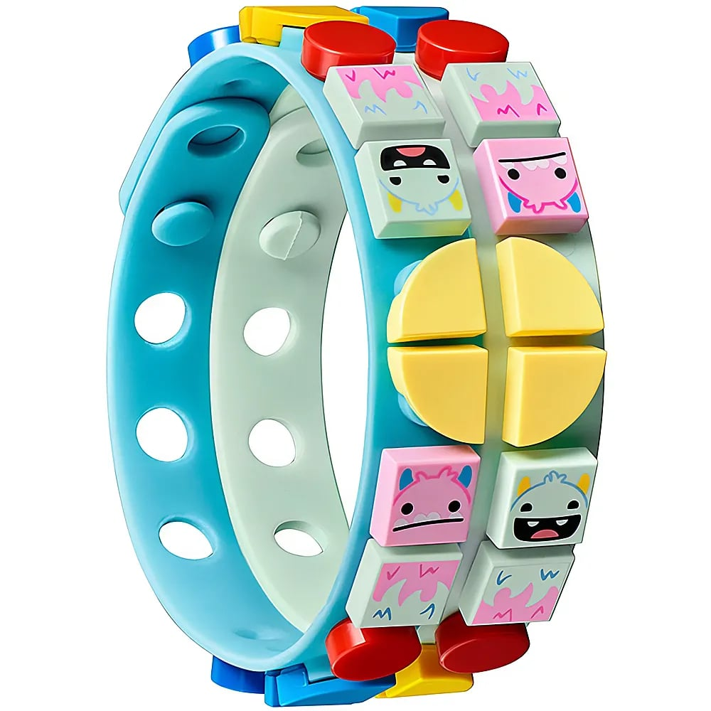 Ein türkisfarbenes LEGO Armband mit bunten, bedruckten Plättchen, Gesichtern und geometrischen Mustern.