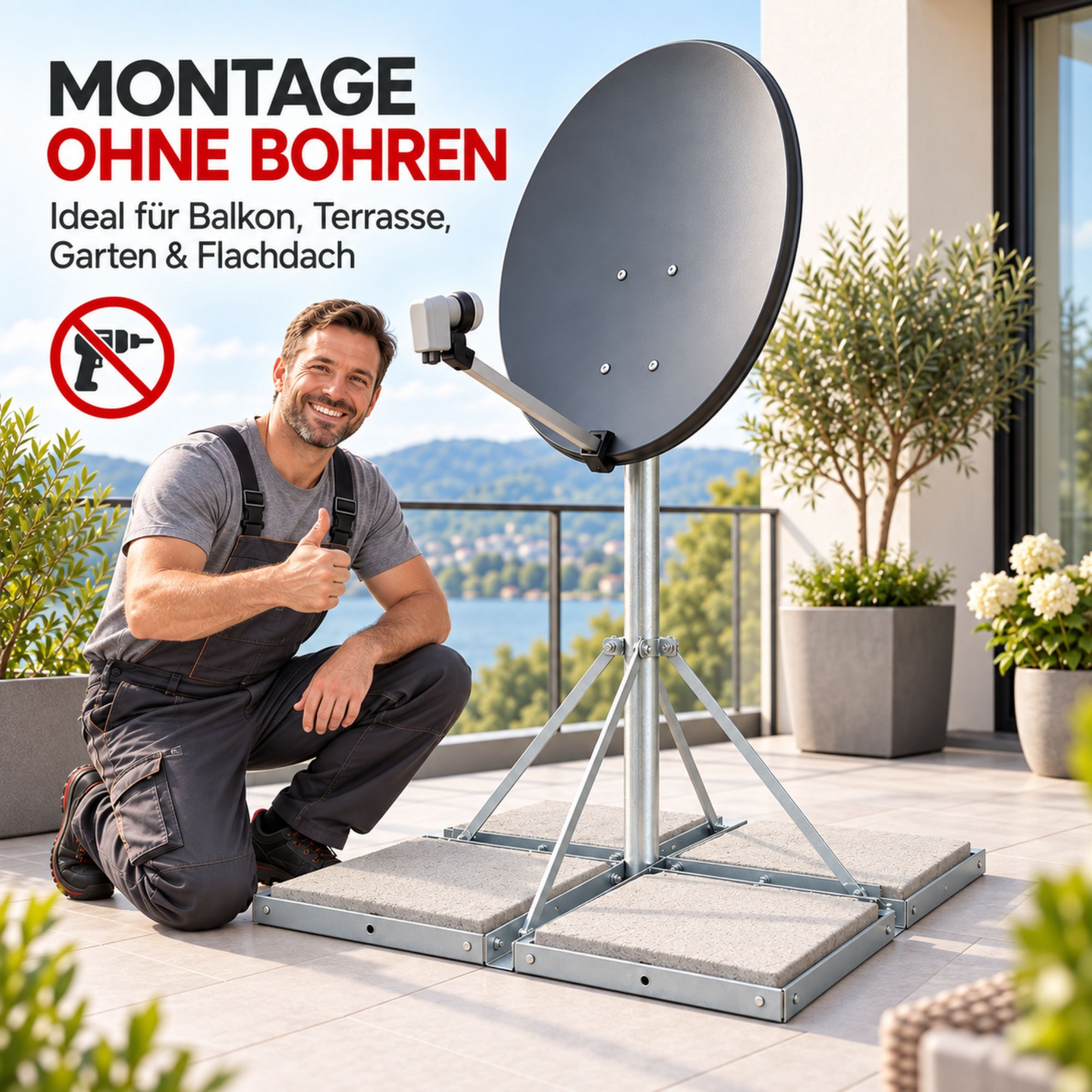 Handwerker kniet auf Balkon neben einer Satellitenschüssel auf Betonplatten, gibt Daumen hoch, im Hintergrund Wasser.