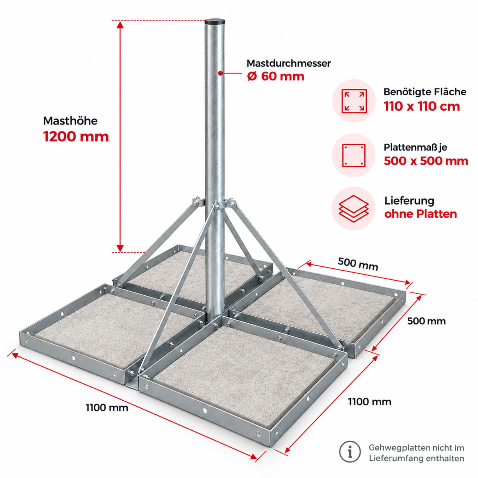Metallmast mit Stützstreben auf vier quadratischen Plattenhaltern, mit Maßangaben.