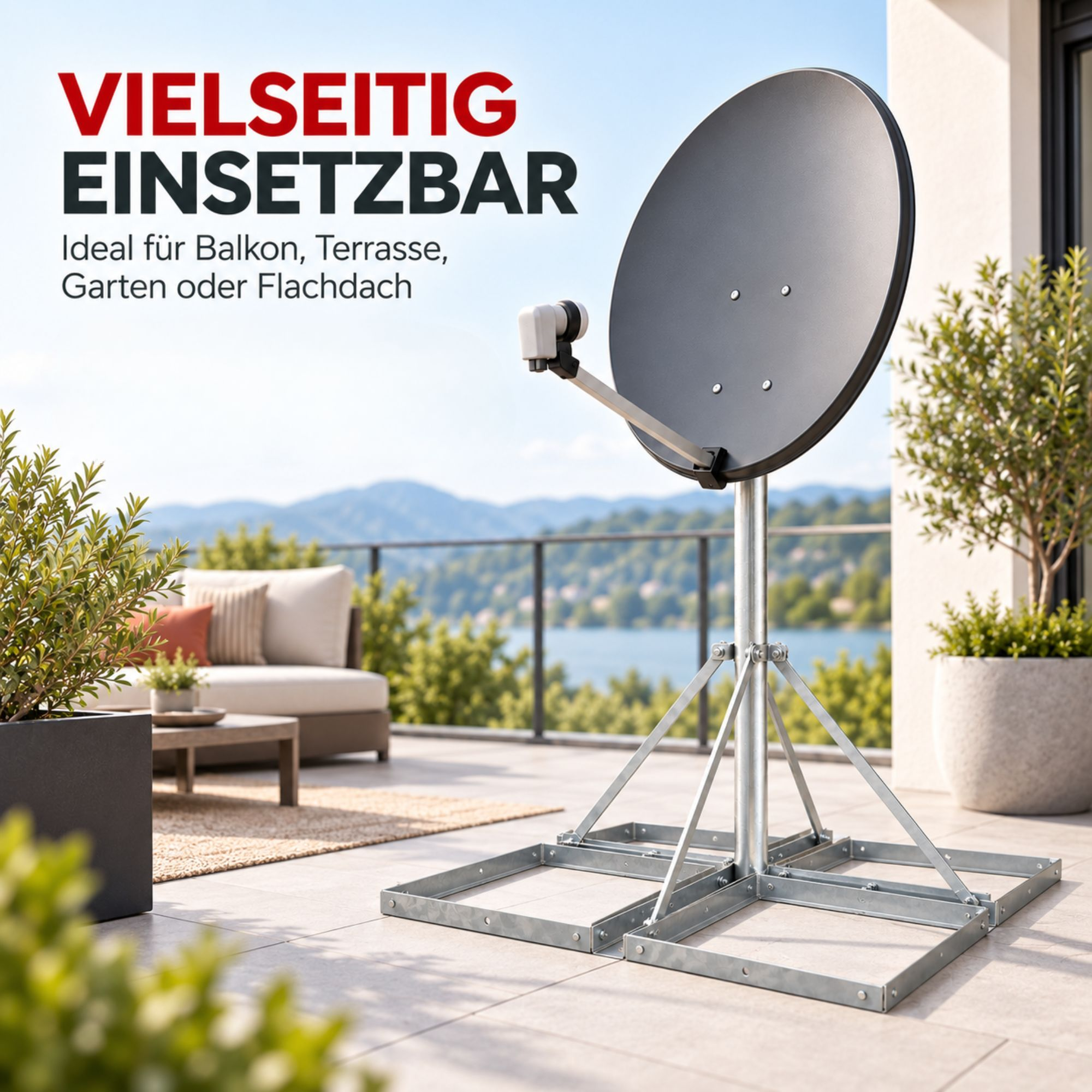 Eine graue Satellitenschüssel steht auf einem Balkon vor einer Berglandschaft.