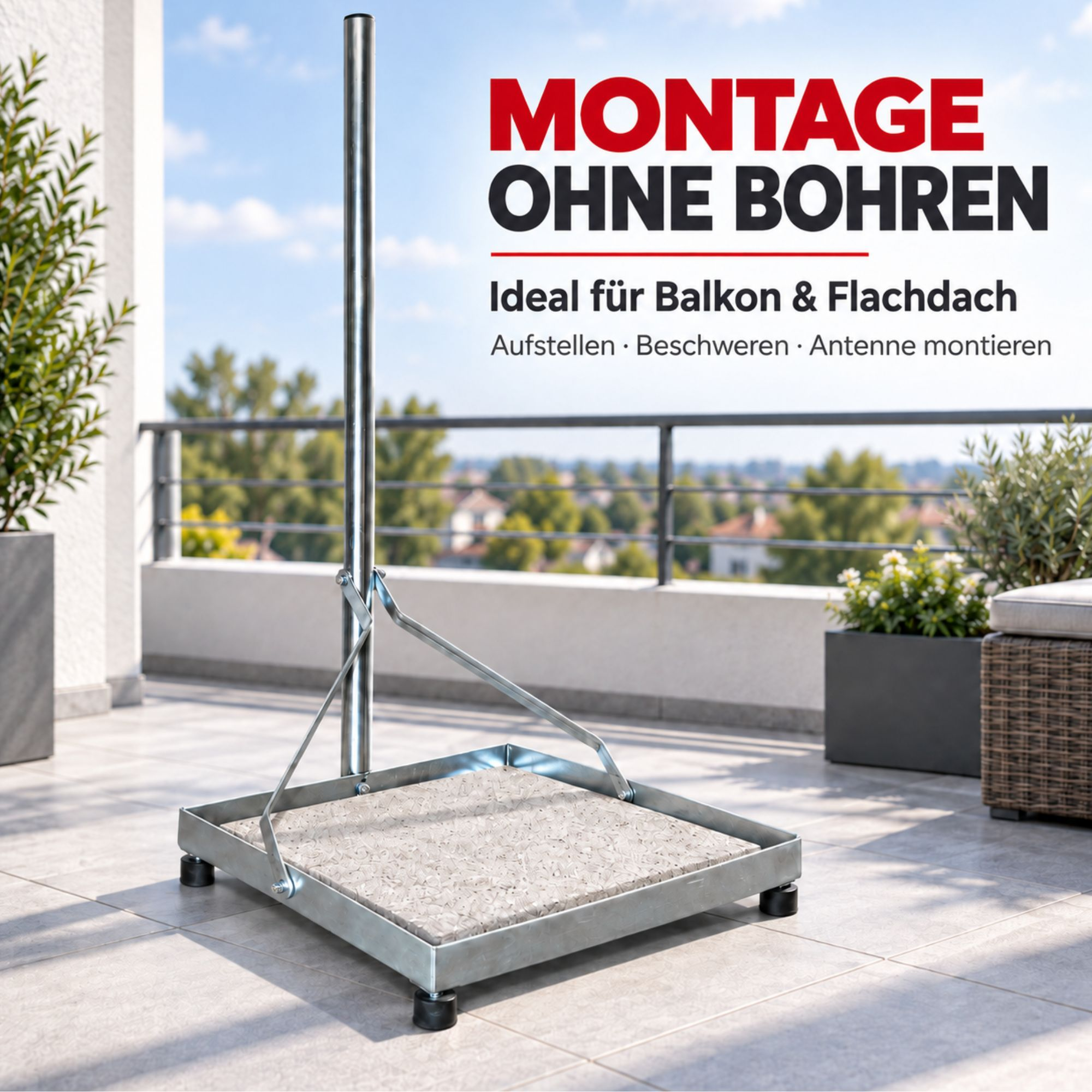 Ein stabiler Metallständer mit einem Mast auf einer gefliesten Terrasse, beschwert mit einer Steinplatte.