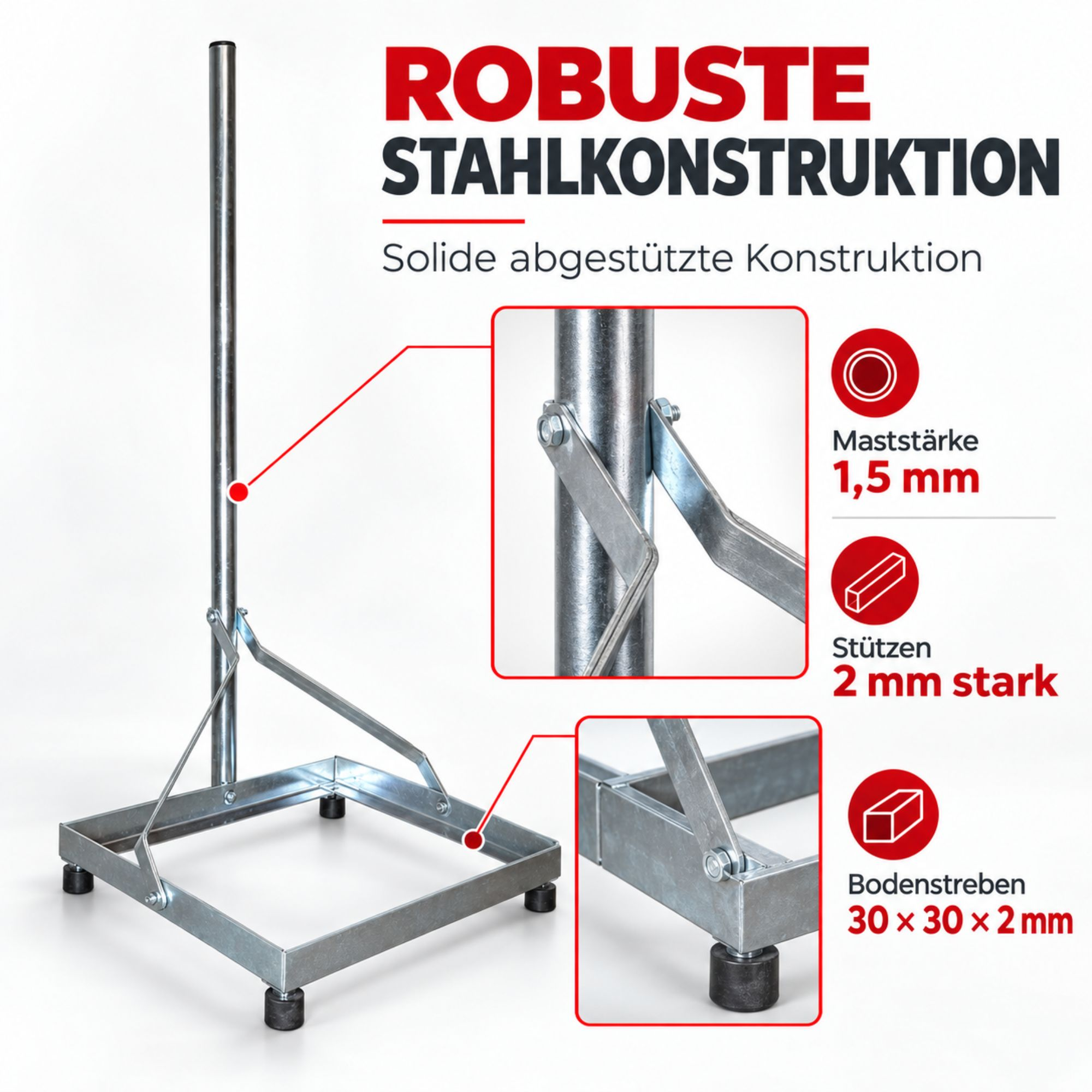 Stahlkonstruktion mit Mast, Stützen und Bodenstreben, Detailansichten und Maßen.