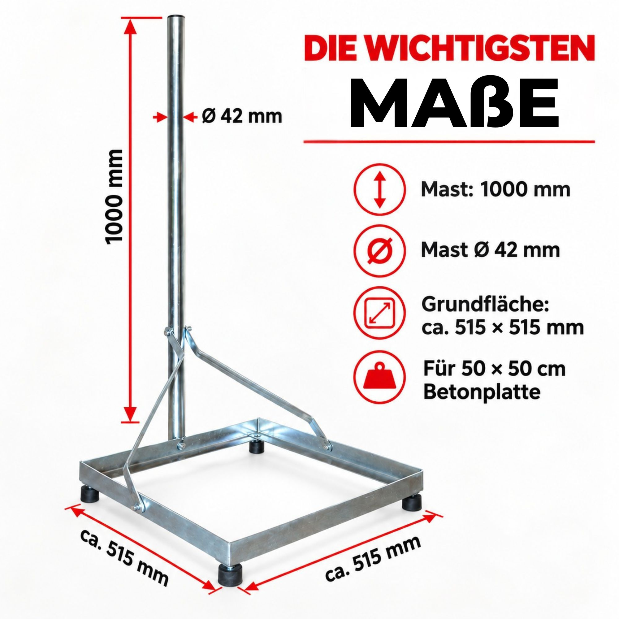 Technische Zeichnung und Maße eines Metallmastens mit quadratischem Standfuß auf weiBem Hintergrund.