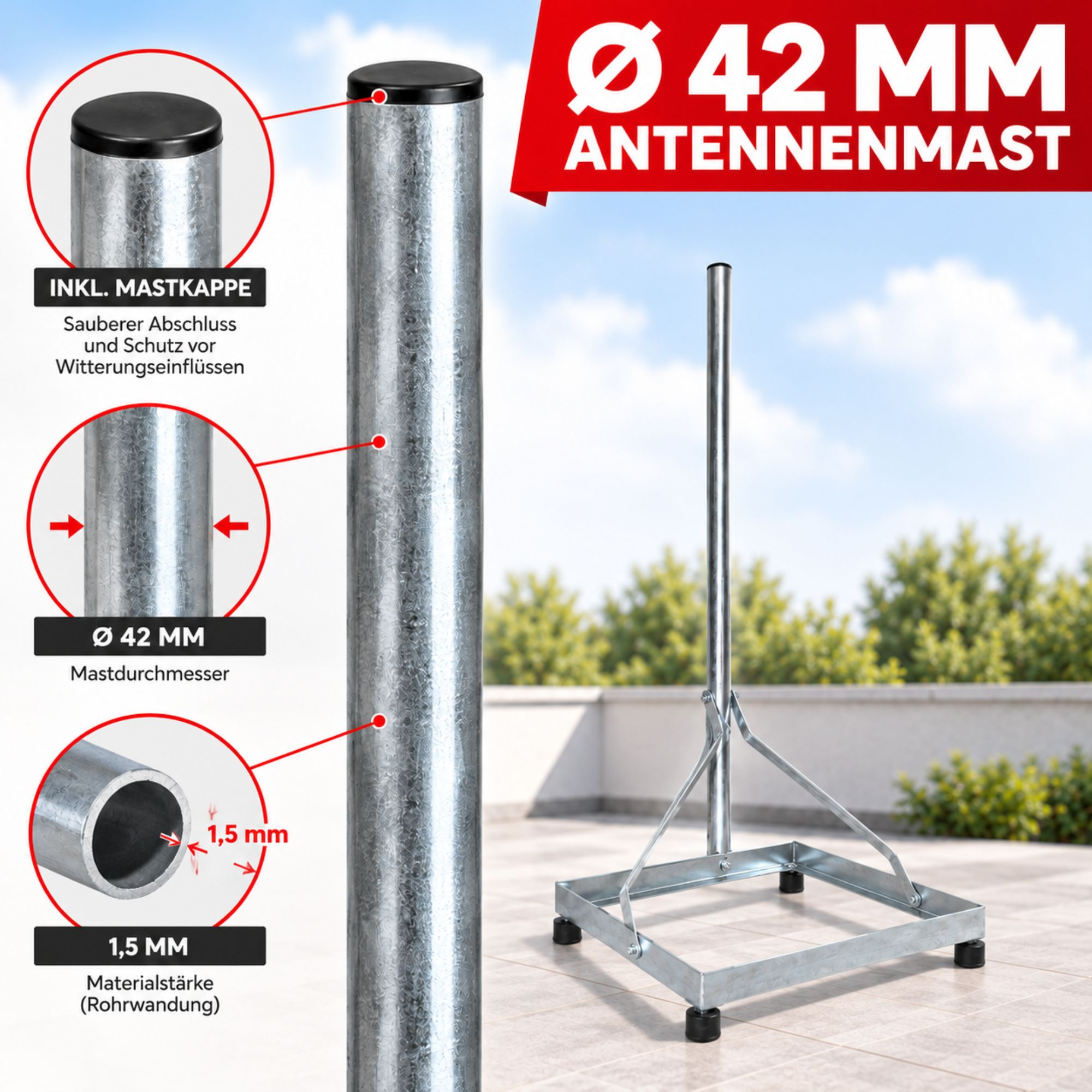 Verzinkter 42mm Antennenmast mit Ständer, Mastkappe und 1,5mm Wandstärke.