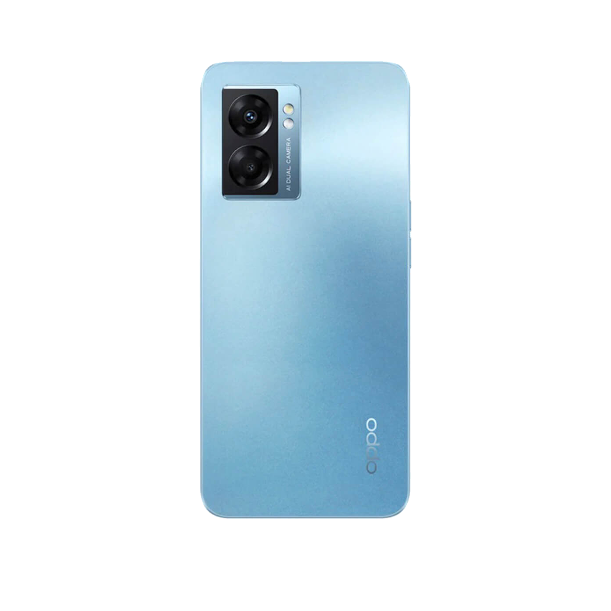 Die Rückseite eines hellblauen Smartphones mit einer vertikalen Dual-Kamera und dem Oppo-Logo.