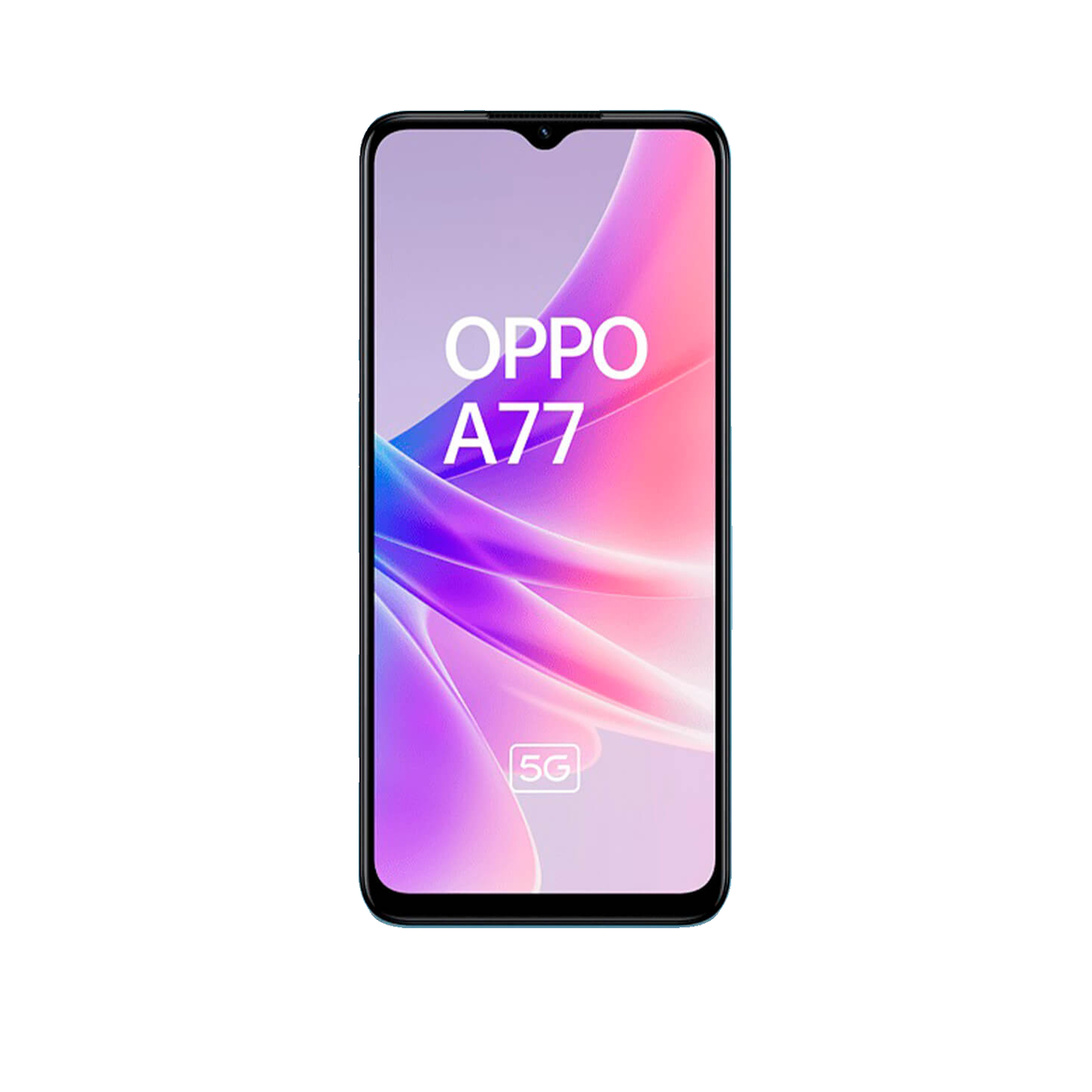 Ein schwarzes Oppo A77 5G Smartphone mit einem pink und violetten Hintergrund auf dem Bildschirm.