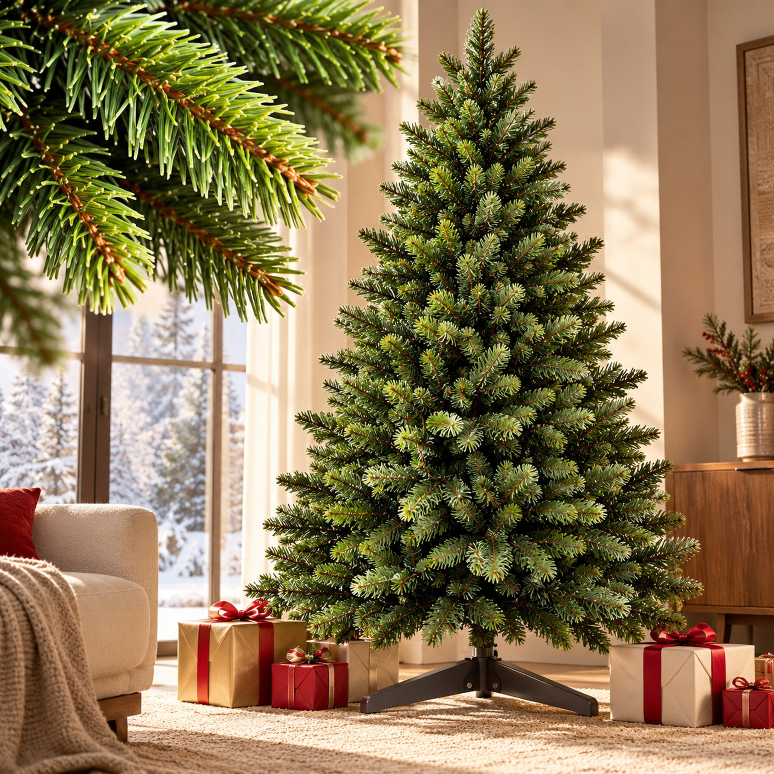 Ein geschmückter Weihnachtsbaum steht im Wohnzimmer mit Geschenken darunter vor einem verschneiten Fenster.