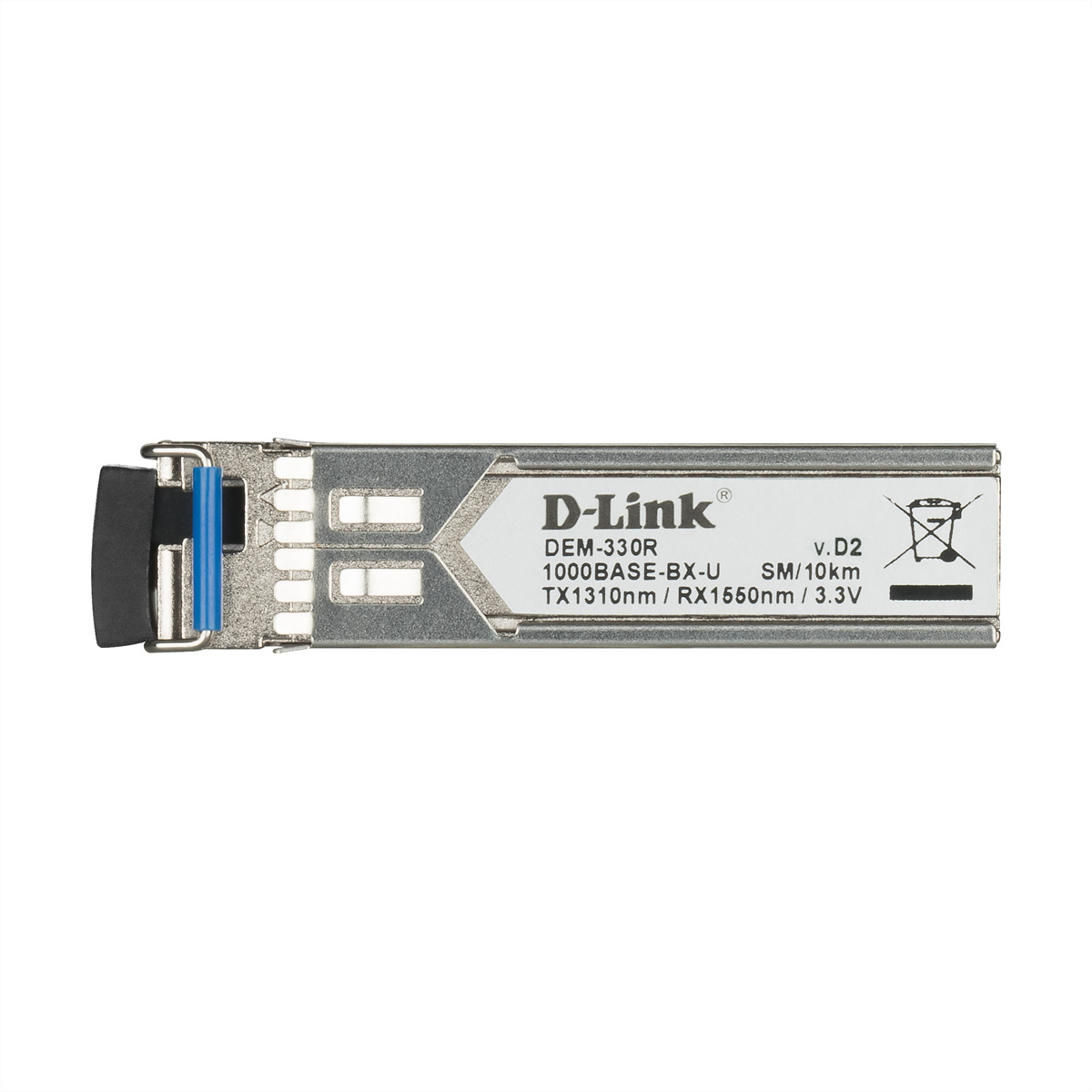Ricetrasmettitore SFP D-Link DEM-330R argento con etichetta bianca su sfondo bianco.
