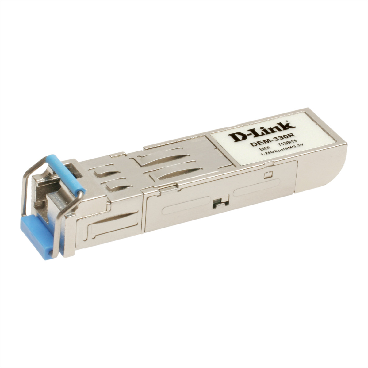Ricetrasmettitore SFP in metallo D-Link DEM-330R con levetta blu su sfondo bianco.