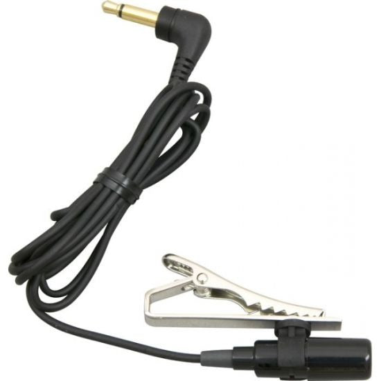 Ein schwarzes Lavaliermikrofon mit Kabel und silberner Klammer.