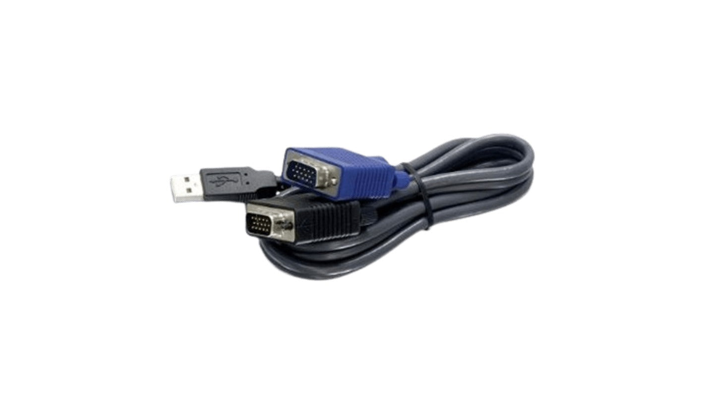 Graues Kabel mit einem USB-Anschluss und zwei VGA-Anschlüssen auf weißem Hintergrund.