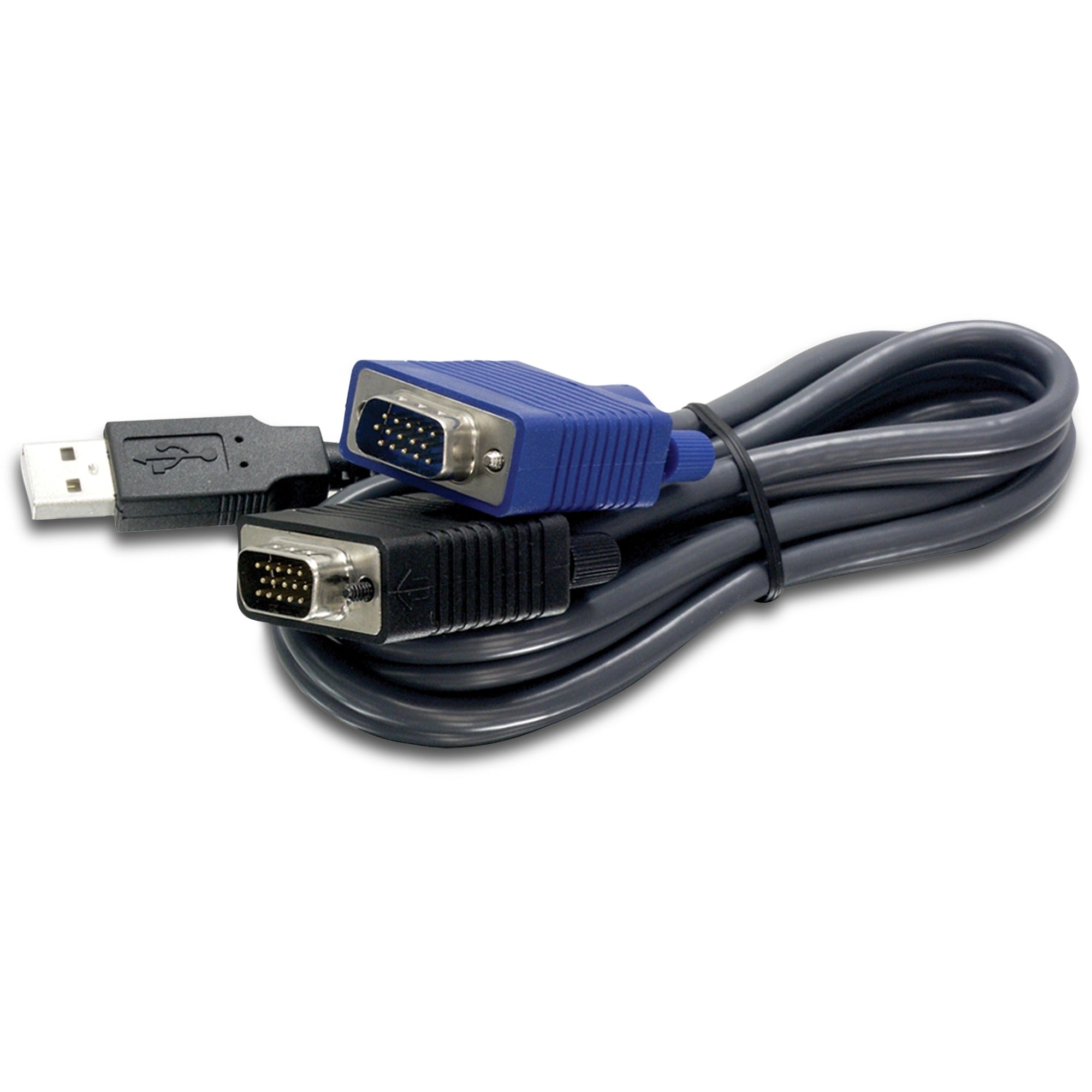 Ein zusammengerolltes graues Kabel mit einem USB-Anschluss und zwei VGA-Anschlüssen in Schwarz und Blau auf weißem Hintergrund.