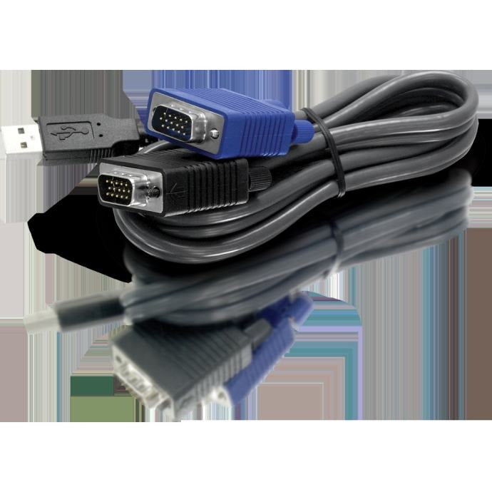 Gerolltes graues Kabel mit blauen und schwarzen VGA-Anschlüssen sowie einem USB-Stecker auf grauem Grund.