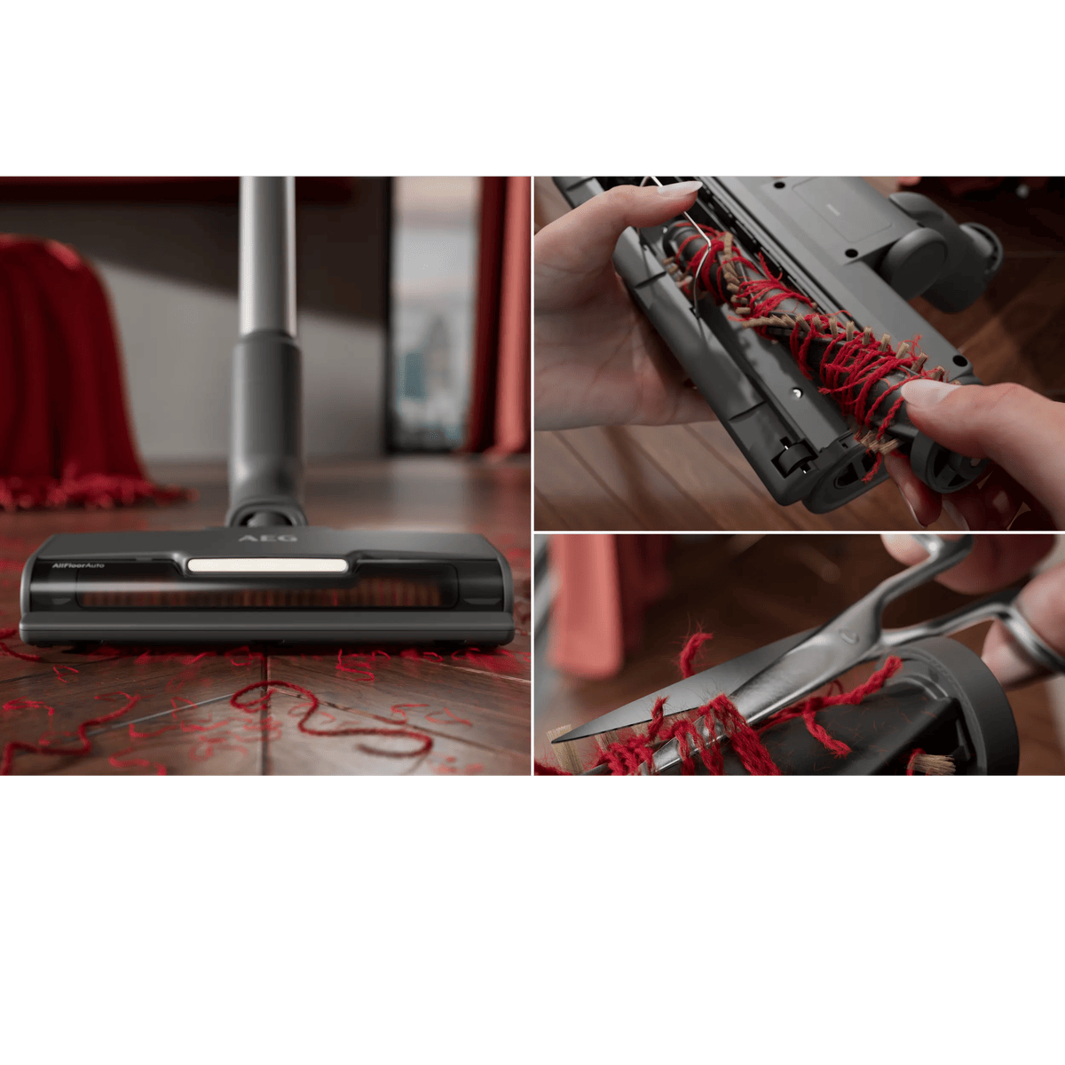 Vacuum cleaner nozzle on wood floor, top cleaning and cutting tangled red threads with scissors.
