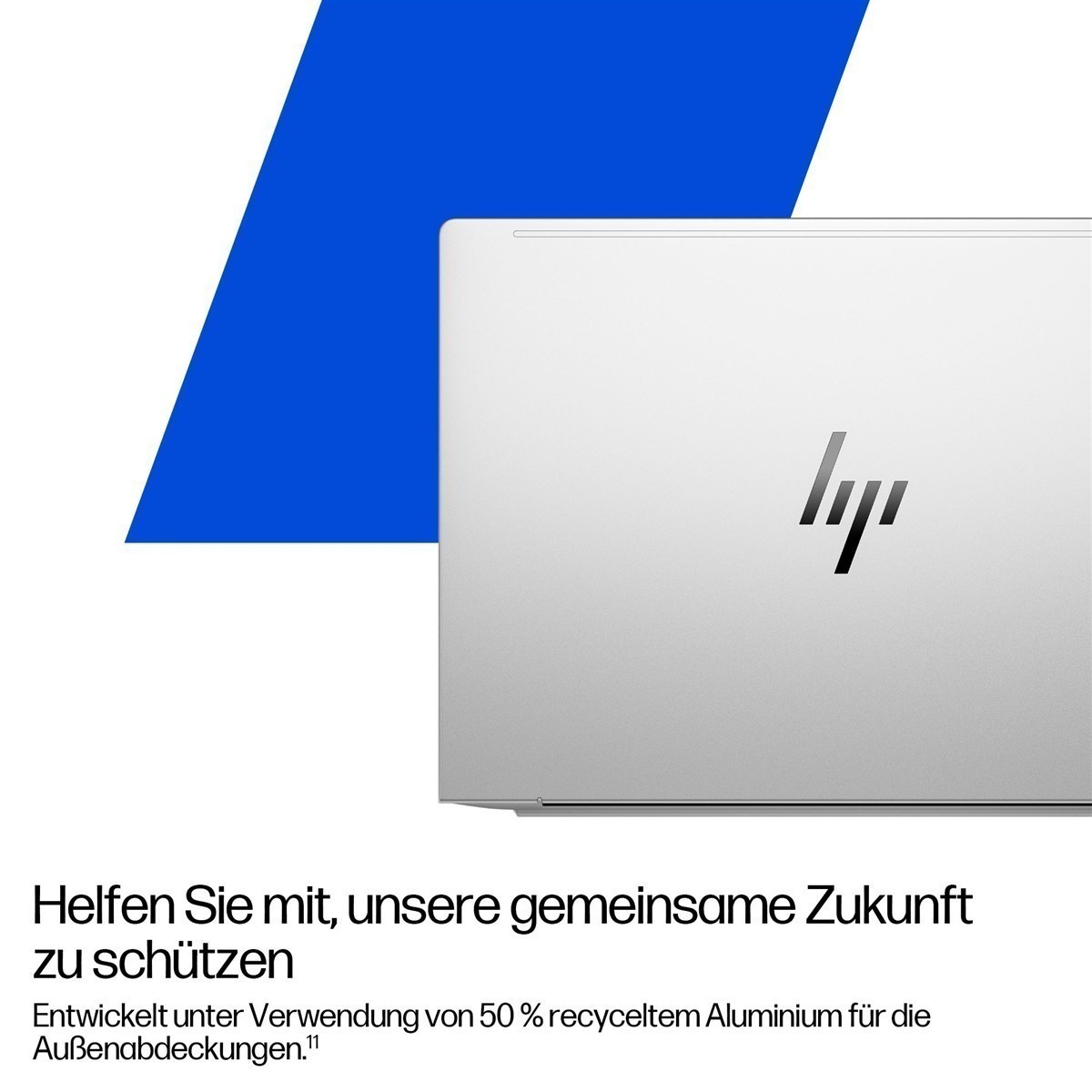 Silberner HP Laptop vor blauem Hintergrund mit deutschem Text unten.