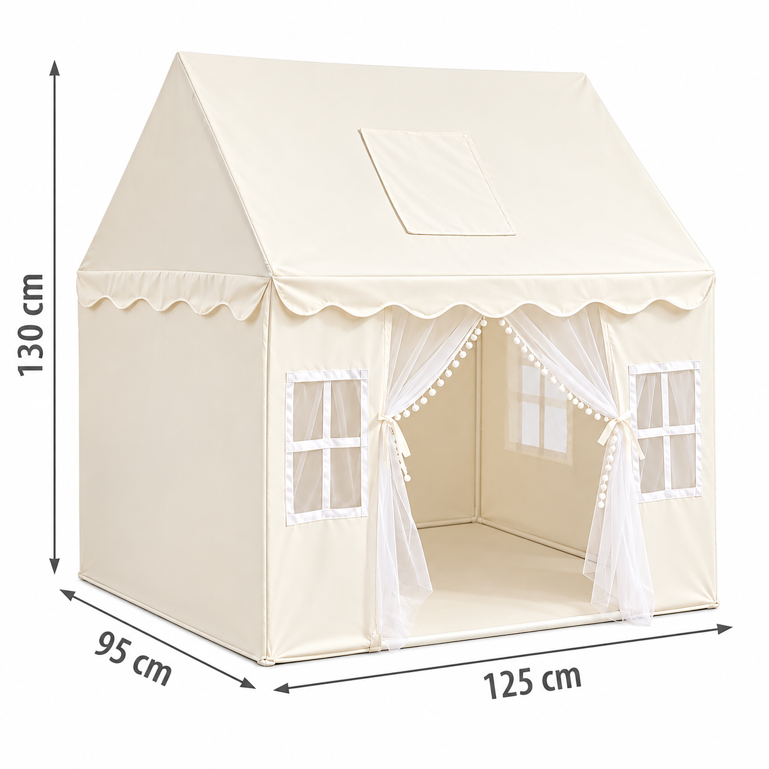 Beige Spielzelt in Hausform mit Fenstern und Maßen von 125x95x130 cm auf weißem Hintergrund.