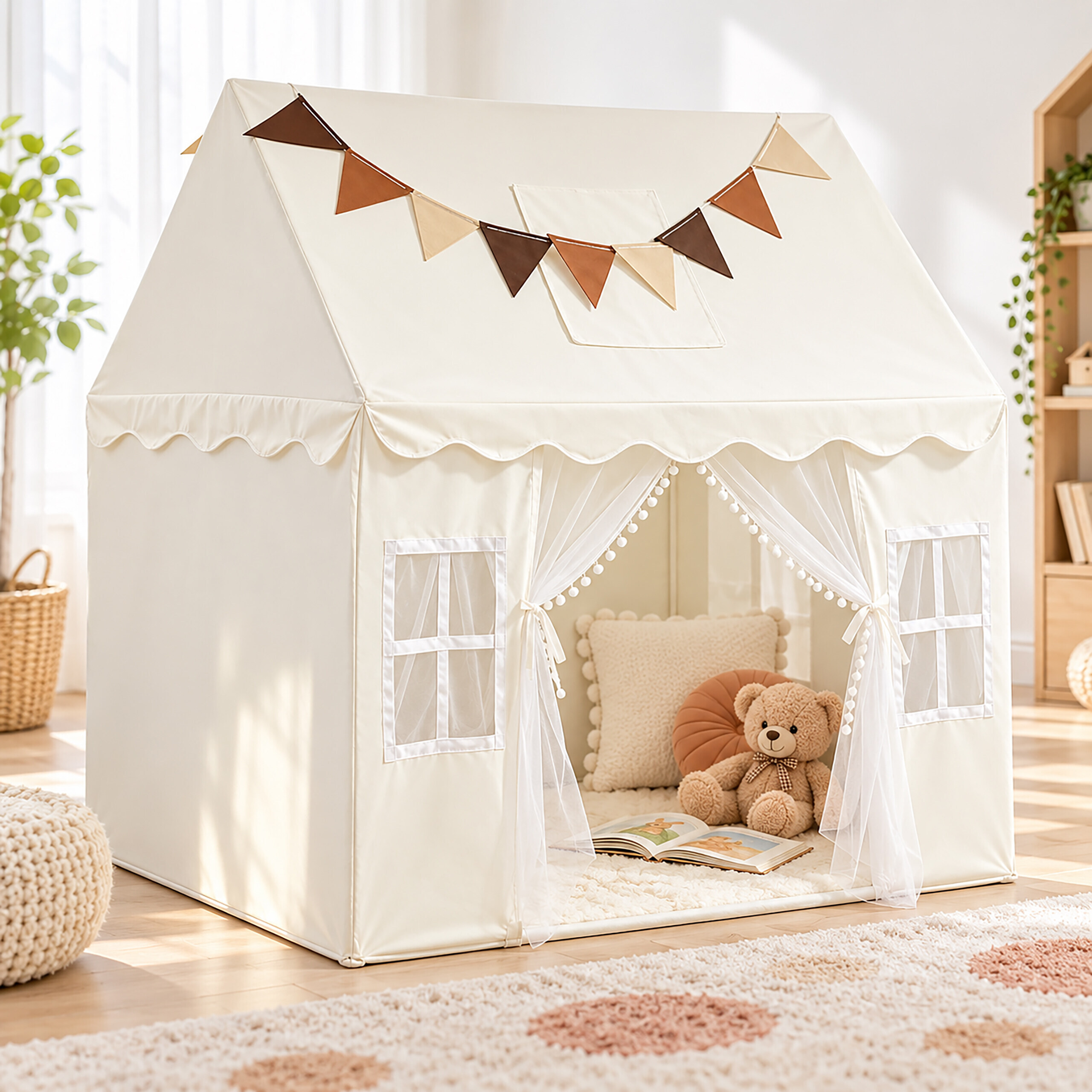Ein weißes Spielzelt für Kinder mit Bunting-Wimpeln, Kuscheltieren und Kissen innen auf einem Teppich.