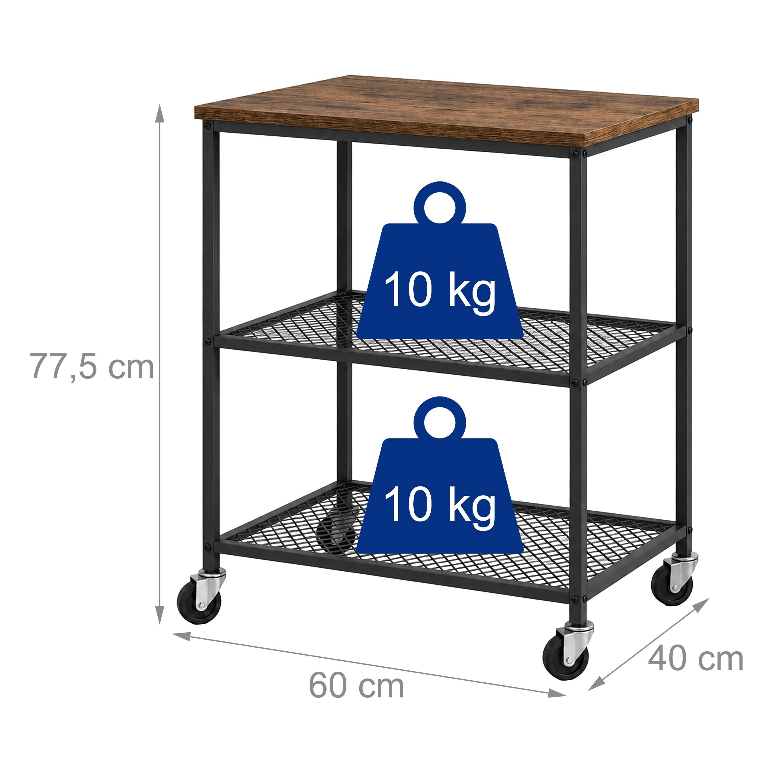 Mobiler Beistelltisch mit Holzplatte, zwei Metallgittern und Maßen von 60x40x77,5 cm.
