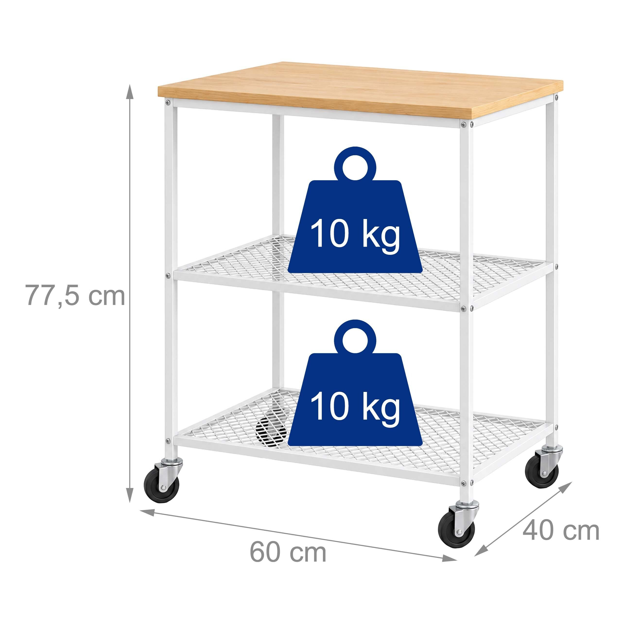 Weißer Küchenwagen mit Holzplatte, Rollen und Maßen 60x40x77,5 cm, zeigt zwei 10 kg Gewichtssymbole.