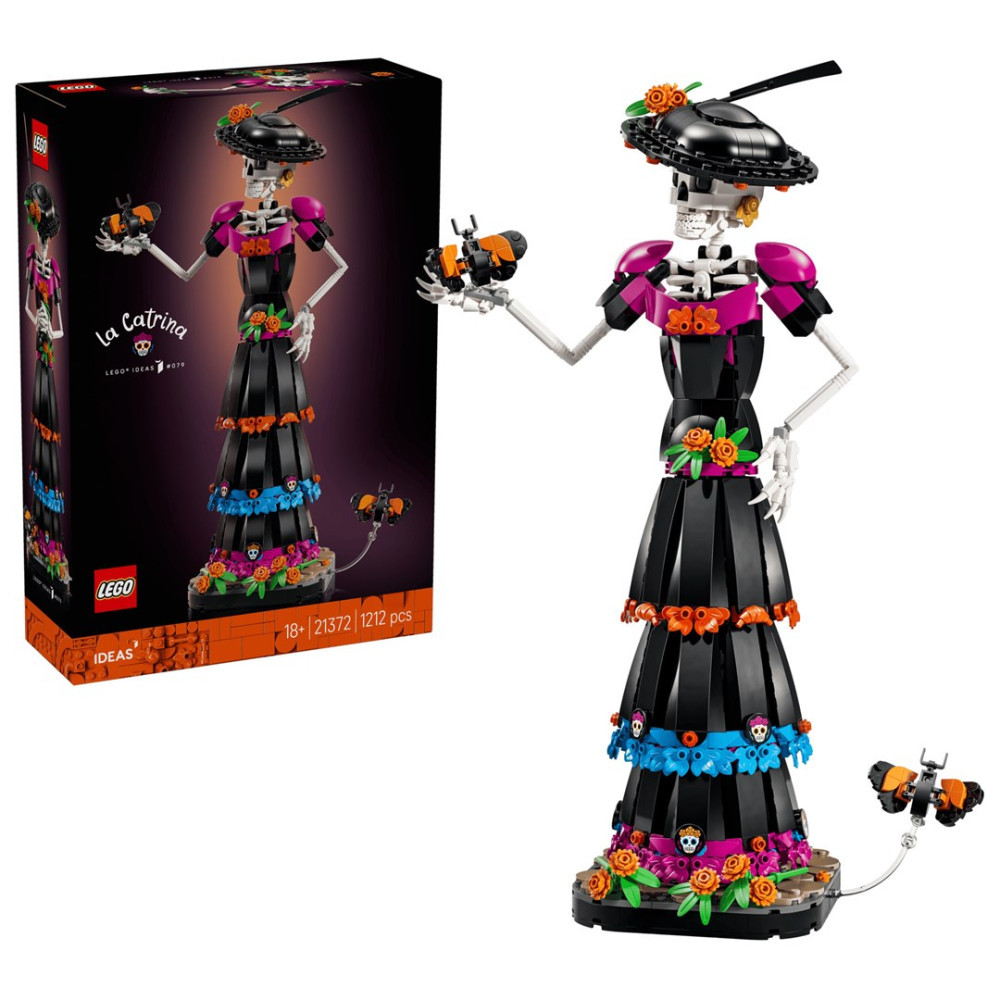 Zestaw Lego Ideas La Catrina przedstawiający szkielet w czarnej sukience, kapeluszu i kolorowych kwiatach, z pudełkiem.