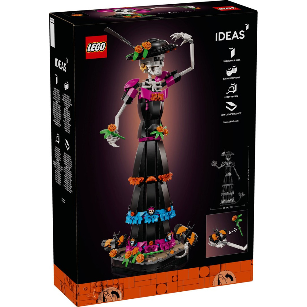 Zestaw LEGO Ideas w czarnym pudełku z figurką szkieletu w czarnej sukience ozdobionej kwiatami.