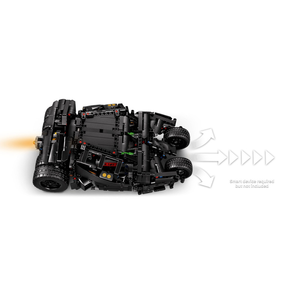 Beyaz arka planda hareket okları olan siyah bir Lego Batmobil.